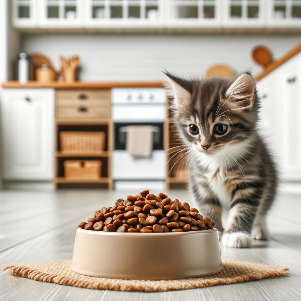 A bowl of high-quality kitten food with a kitten eating in the background, placed on a clean, bright kitchen floor.