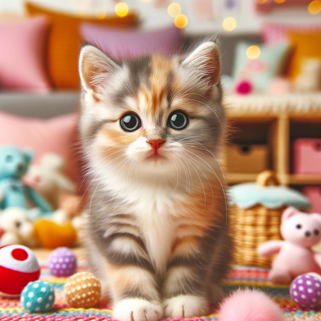 An extremely cute kitten with bright eyes, looking directly at the camera while sitting in a cozy and colorful indoor setting, surrounded by toys and with an inviting, heartwarming expression.